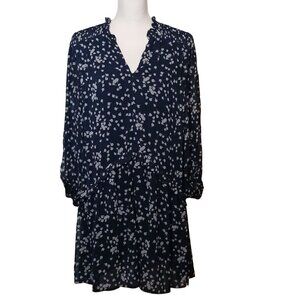 Collective Concepts Navy Blue White Floral Long Puff Sleeve Shift Dress Size S‎